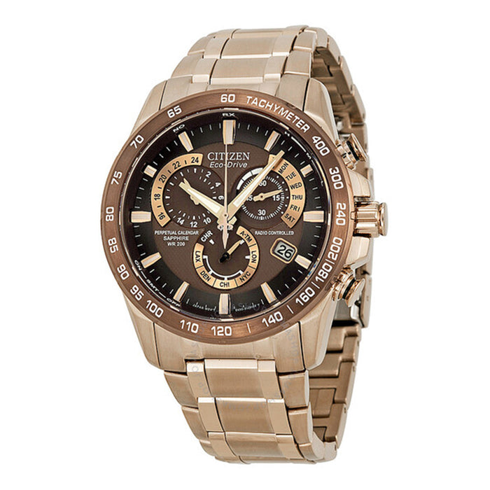 Citizen Men's Eco-Drive Perpetual Chrono A-T Atomic Stainless Watch - Gold Bracelet - Brown Dial - AT4106-52X