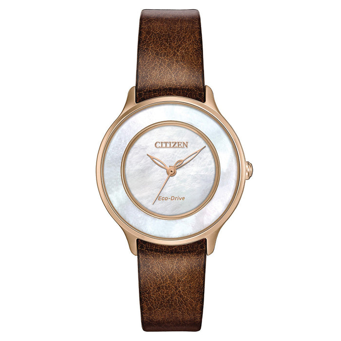 Citizen Womens Gold Stainless Steel Case Pearl Dial Brown Leather Strap Round Watch - EM0383-08D