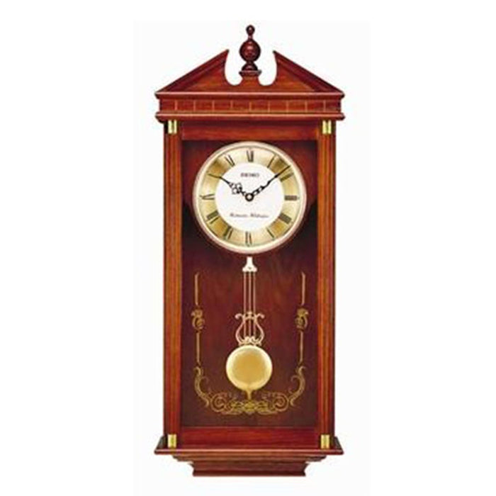 Seiko Oak Scrollwork Pendulum Chiming Wood Wall Clock - Black Hands - Gold Dial - QXH107BLH