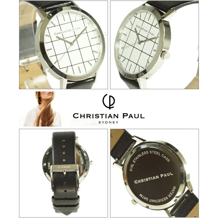 Christian Paul Mens Stainless Steel Black Leather Band White Dial Round Watch - GR-05