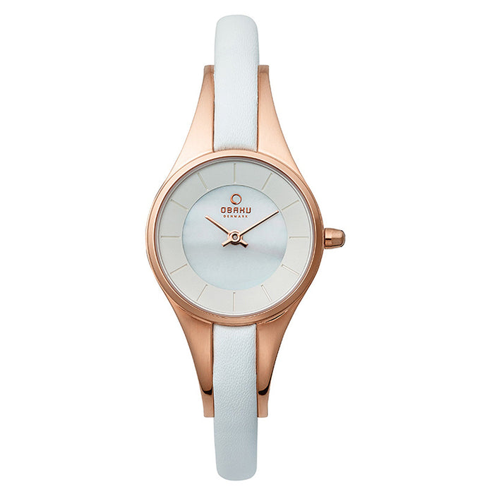 Obaku Womens Rose Gold Case White Leather Strap Pearl Dial Watch - V110LXVWRW