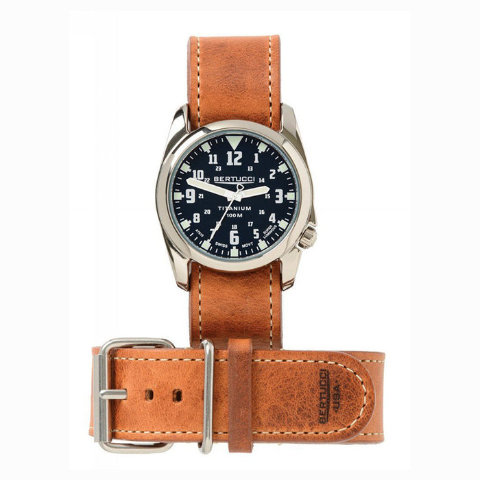 Bertucci Heritage Mens D-TYPE Tan Leather Band Titanium Blue Dial Watch - H13460