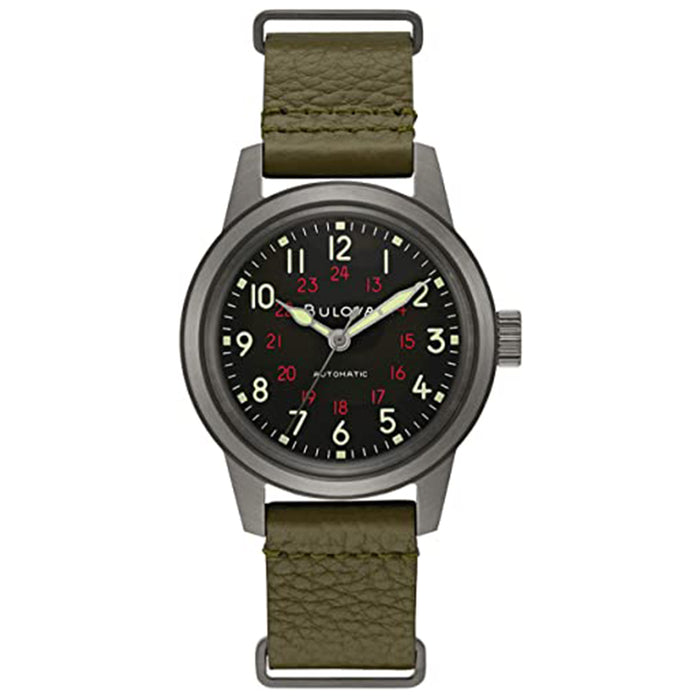 Bulova Mens Archive Military Black Dial Green Leather Strap Watch - 98A255