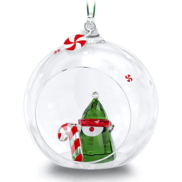 Swarovski White Crystal on Green Satin Ribbon Holiday Cheers Santa’s Elf Ball Ornament for Home Decor - 5596383