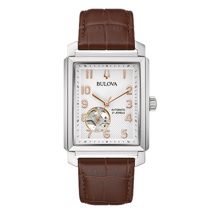 Bulova Mens Silver-Tone Dial Brown Leather Band  Automatic Watch - 96A268