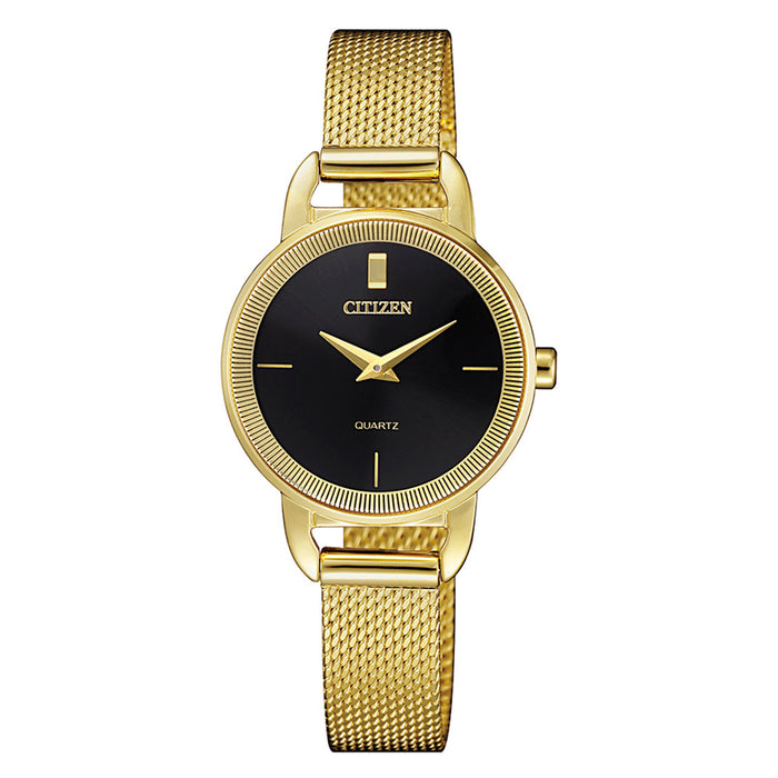 Citizen Womens Gold Tone Stainless Steel Band Black Quartz Dial Watch - EZ7002-54E