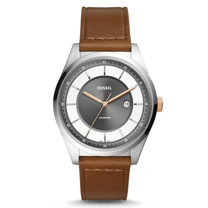 Fossil Mathis Mens Brown Leather Band Grey Quartz Dial Watch - FS5421