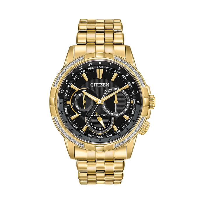 Citizen Eco-Drive Mens Gold Stainless Steel Band Black Dial Watch - BU2082-56E