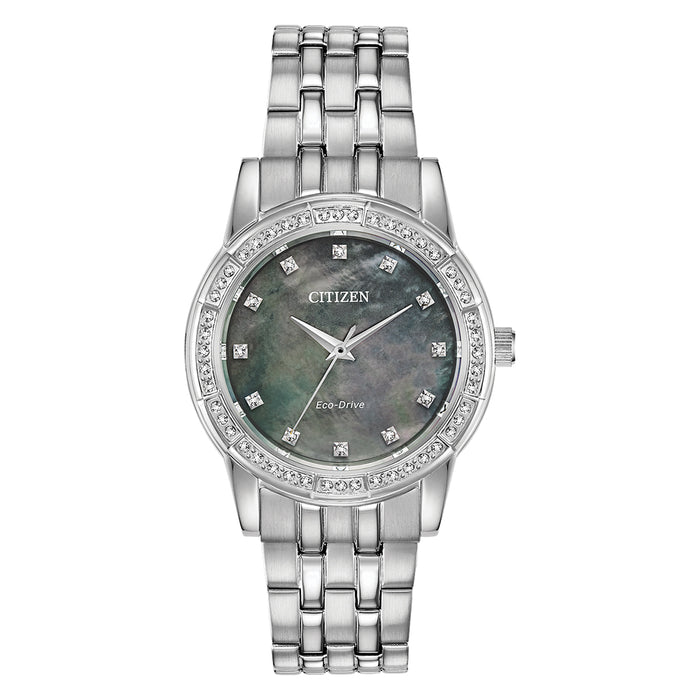 Citizen Silhouette Crystal Womens Silver-Tone Stainless Steel Band Black Quartz Dial Watch - EM0770-52Y