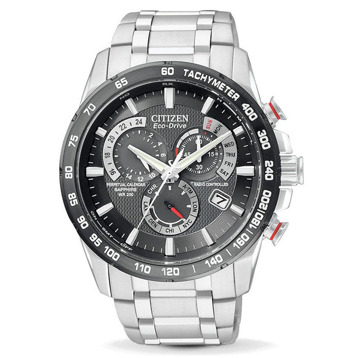 Citizen Men's Eco-Drive Perpetual Chronograph A-T Stainless Watch - Silver Bracelet - Black Dial - AT4008-51E