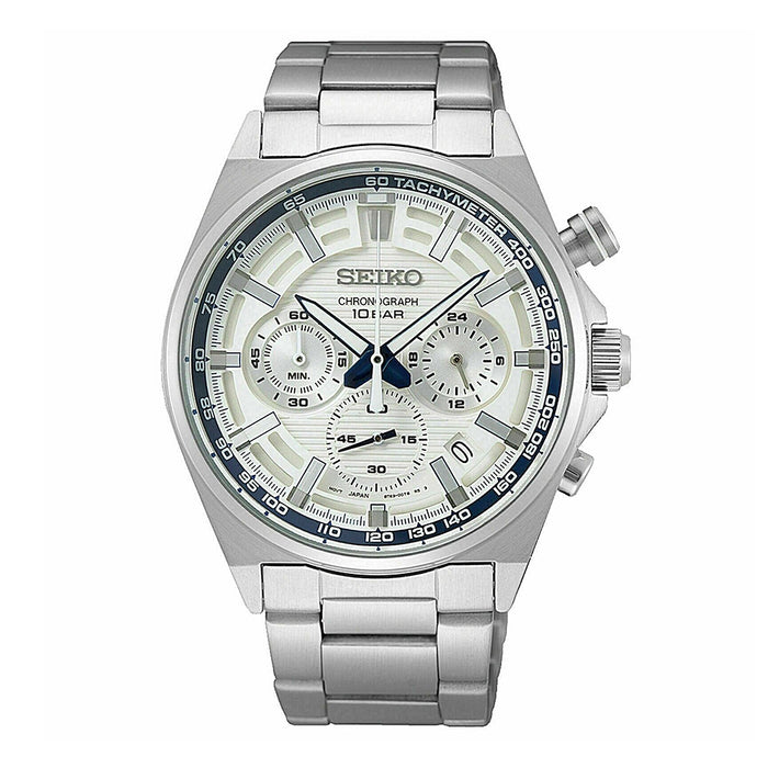 Seiko Mens White Dial Silver Band 140th Anniversary Stainless Steel Chronograph Watch - SSB395