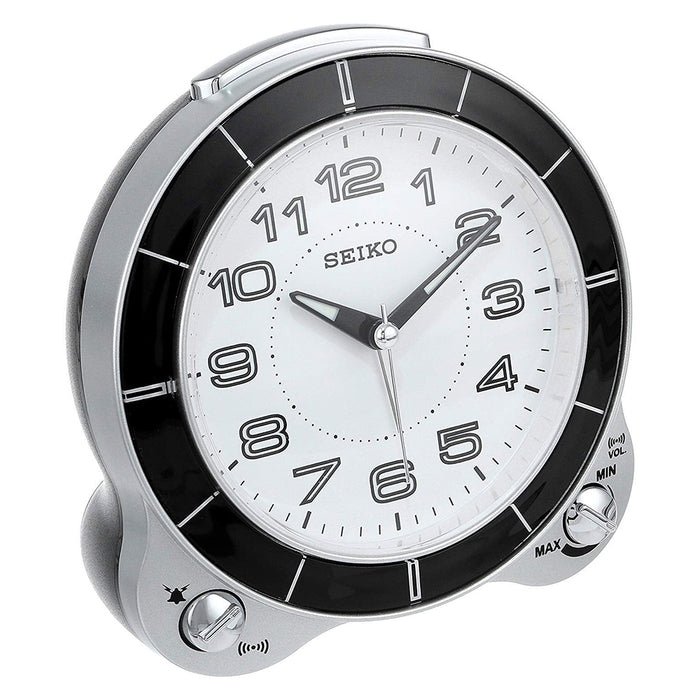 Seiko QHK031SLH Black/White Beep Bell Snooze 5 Bedside Alarm Clock - QHK031SLH