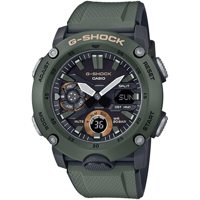 Casio Mens G-Shock Carbon Core Guard Olive Resin Band Black Analog-Digital Dial Quartz Watch - GA2000-3A - WatchCo.com