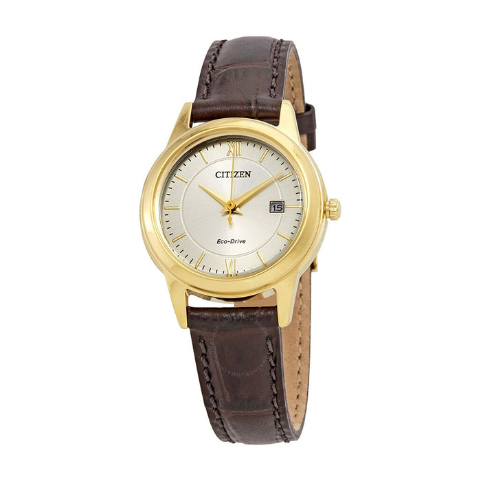 Citizen Eco-Drive Women's Stainless Steel Case Brown Leather Silver Dial Gold Watch - FE1082-05A