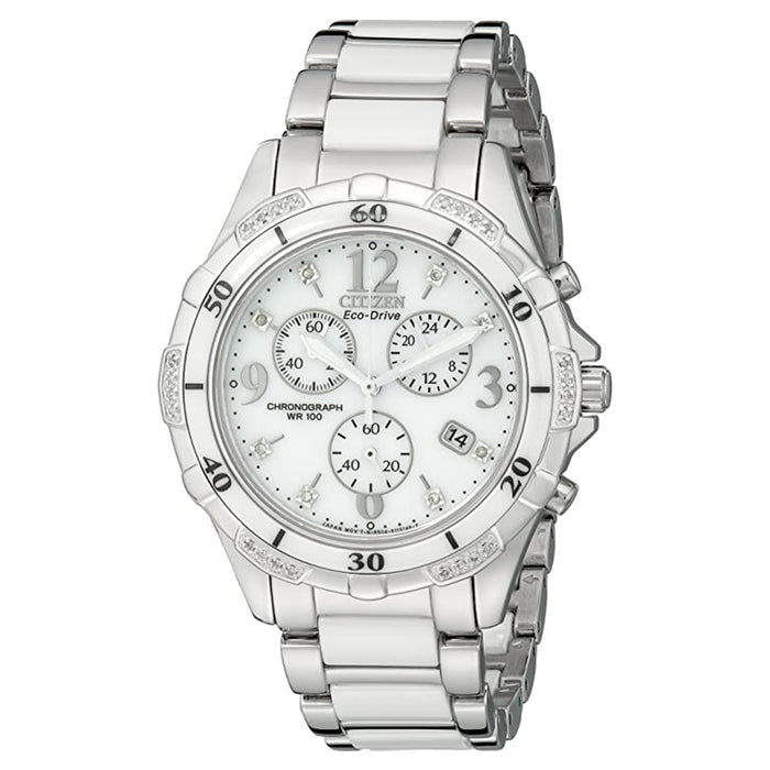 Citizen Womens Eco-Drive White Dial Band Diamond Accents Stainless Steel Chronograph Watch - FB1230-50A