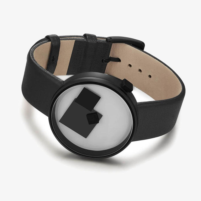 Projects Unisex Bauhaus Century Black Leather Band White Analog Dial Quartz Watch - 7289B-BL - WatchCo.com