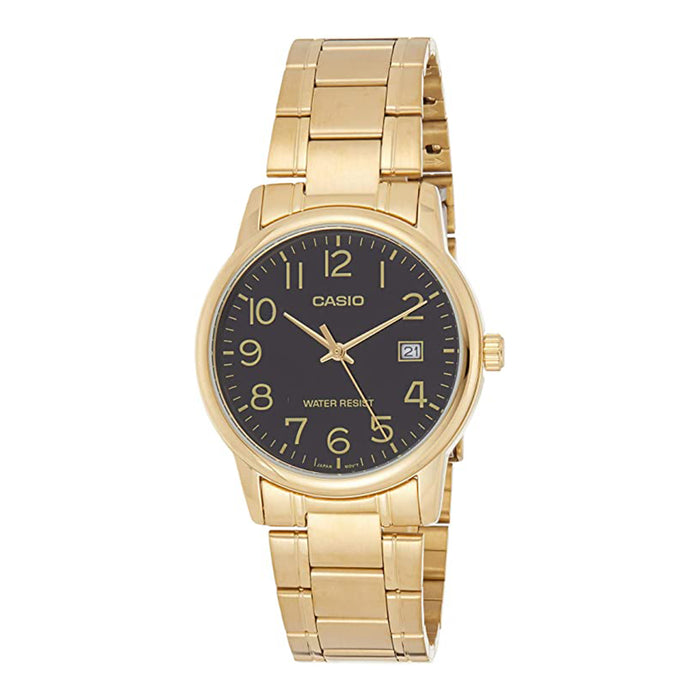 Casio Mens Standard Analog Black Dial Gold Tone Stainless Steel Date Watch - MTP-V002G-1BUDF