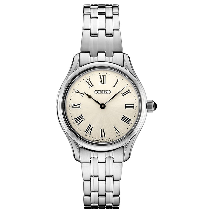Seiko Women's Antique White Dial Silver Stainless Steel Band Essential Japanese Quartz Watch - SWR069