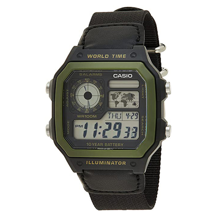Casio Mens Black Nylon Band Digital Automatic Watch - AE-1200WHB-1BVDF