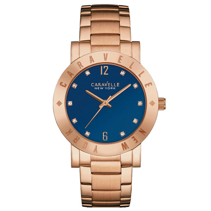 Caravelle New York Womens Boyfriend Stainless Steel Case and Bracelet Blue Dial Rose Gold Watch - 44L202