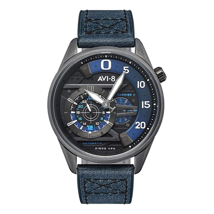 AVI-8 Mens Hawker Harrier Ace of Spades Automatic Midnight Navy with Blue Genuine Leather Strap Watch - AV-4070-02