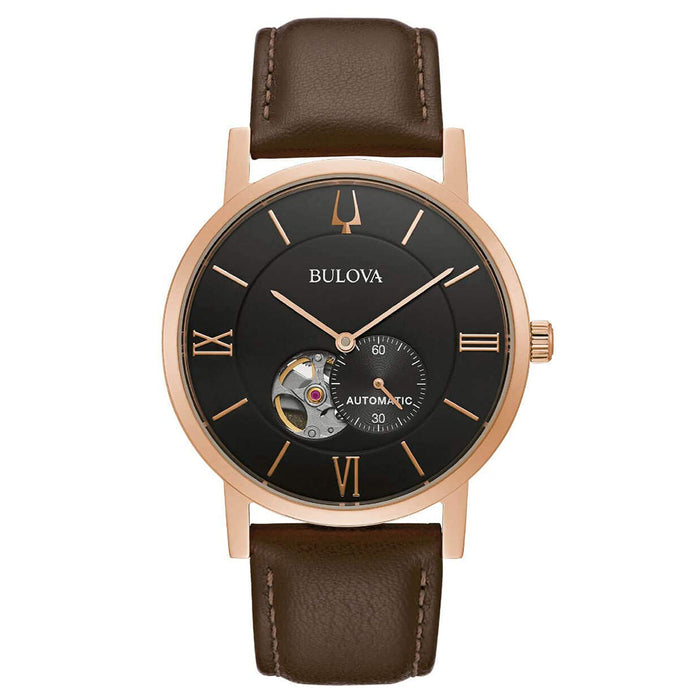 Bulova Mens American Clipper Automatic Brown Leather Band Rose Gold Finish Watch - 97A155