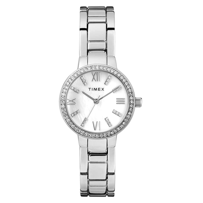 Timex Womens Dress Mother of Pearl Dial Analog Silver Bracelet Swarovski Crystals Watch - TW2T58600