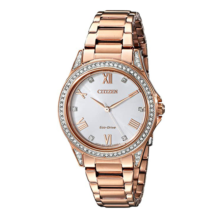 Citizen Womens Eco-Drive Silver Dial Gold Band Crystal Accents Bracele Watch - EM0233-51A