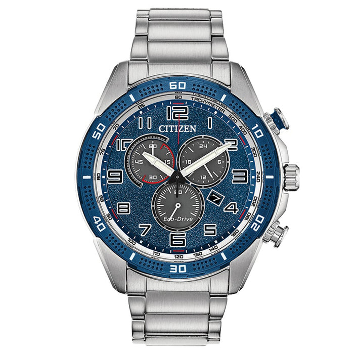Citizen AR - Action Eco Drive Mens Silver Stainless Steel Band Blue Quartz Dial Watch - AT2440-51L