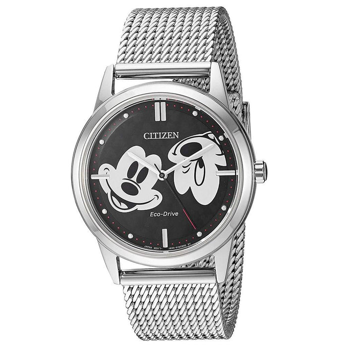Citizen Eco-Drive Mickey Mouse Unisex Silver Ion-Plated Band Black Quartz Dial Watch - FE7060-56W