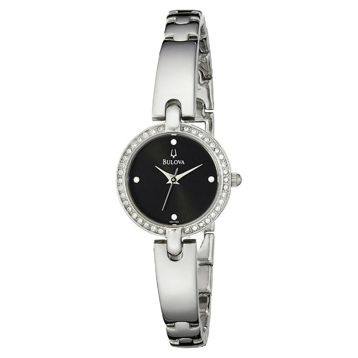 Bulova Womens Stainless Steel Bezel Set With Crystals Case and Bracelet Black Dial Silver Watch - 96L163