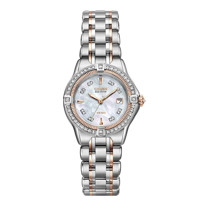 Citizen Womens Signature Series Eco-Drive Quattro Diamond Analog Stainless Watch - Silver Bracelet - Pearl Dial - EW2066-58D