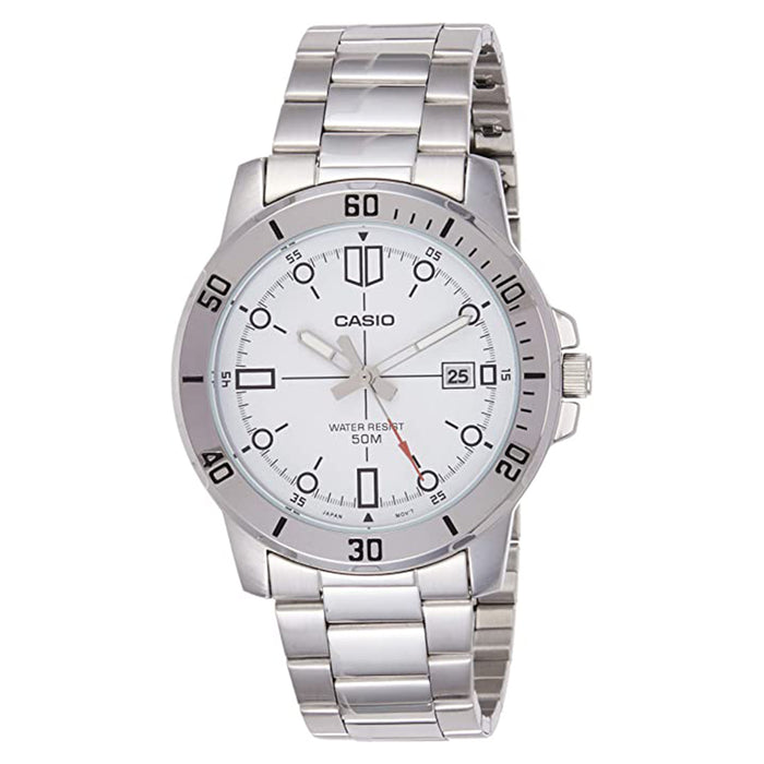 Casio Mens Enticer Stainless Steel White Dial Silver Band Casual Analog Sporty Watch - MTP-VD01D-7EVUDF