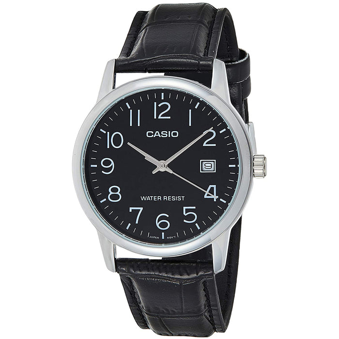 Casio Men's Black Leather Strap Easy Reader Black Dial Analog Quartz Watch - MTP-V002L-1BUDF