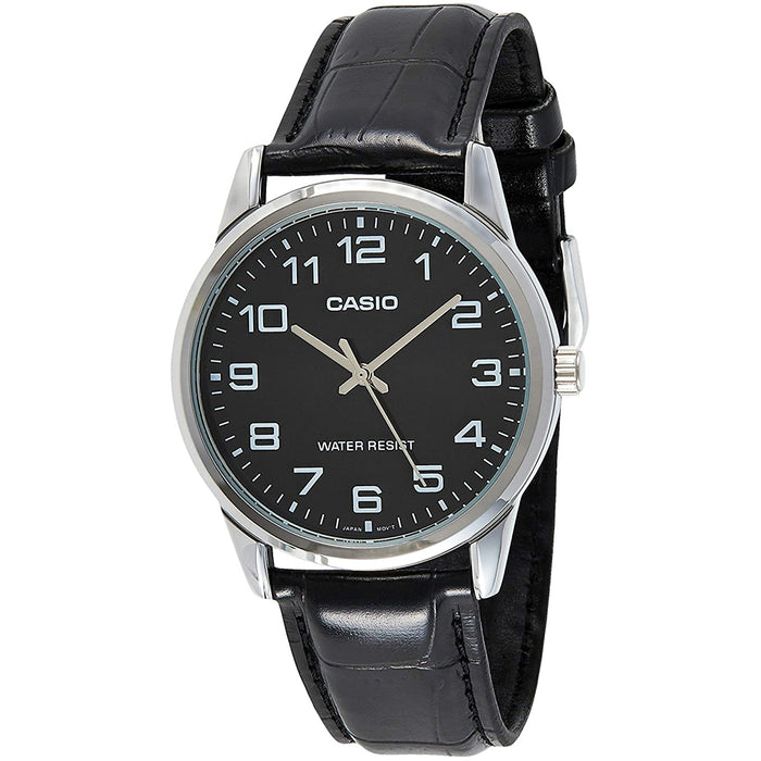 Casio Men's Black Leather Strap Easy Reader Black Dial Analog Quartz Watch - MTP-V001L-1BUDF