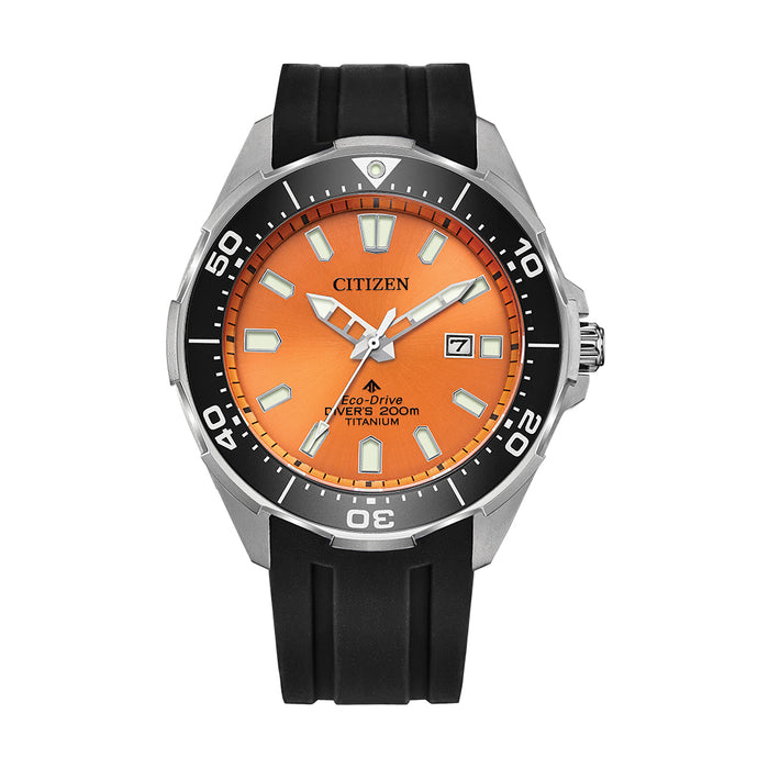 Citizen Mens Promaster Diver Orange Dial Black Silicone Strap Watch - BN0200-05X