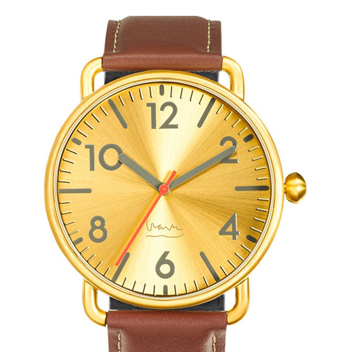 Projects Unisex Witherspoon Brass Brown Leather Band Gold Dial Round Watch - 7108B(2)