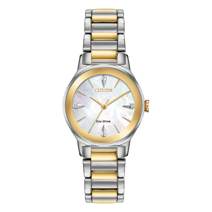 Citizen Eco-Drive Womens Silver/Gold Stainless Steel Band Mother of Pearl Quartz Dial Watch - EM0734-56D