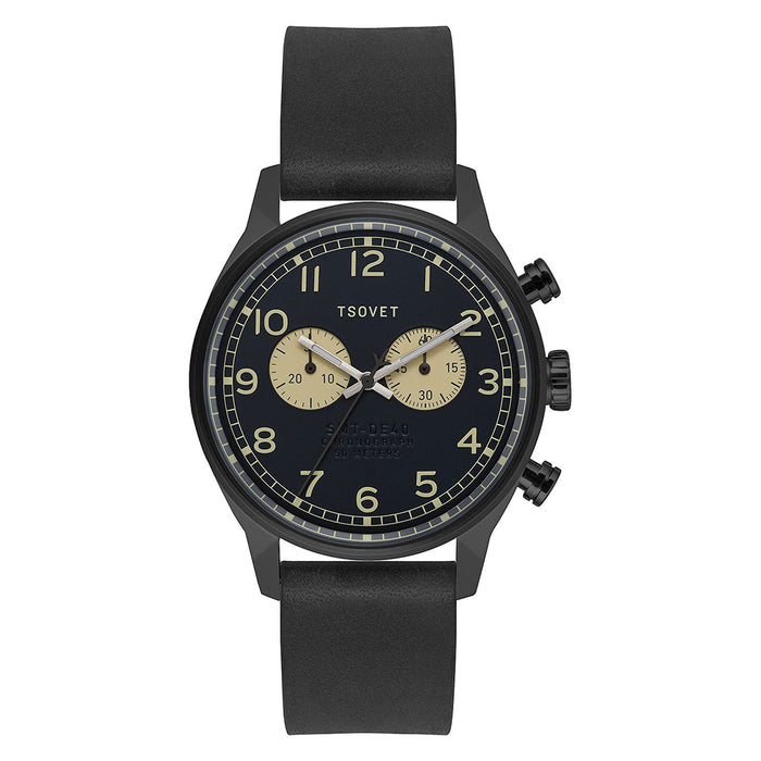 Tsovet Mens Stainless Steel Case Black Leather Strap Bracelet Black Dial Black Watch - DE331010-43