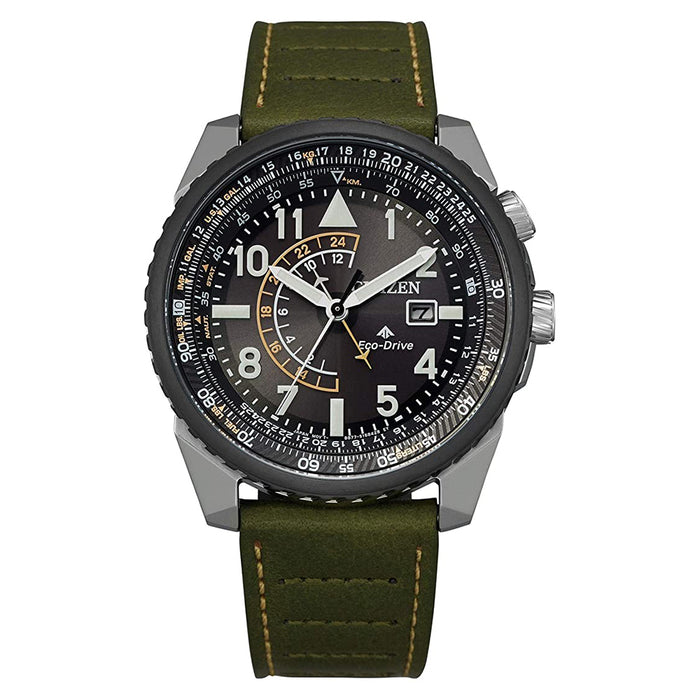 Citizen Mens Eco-Drive Promaster Black Dial Nighthawk Green Leather Strap Watch - BJ7138-04E