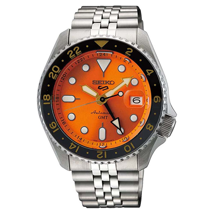 Seiko Men's Orange Dial Silver Tone Stainless Steel Band Automatic Watch - SSK005
