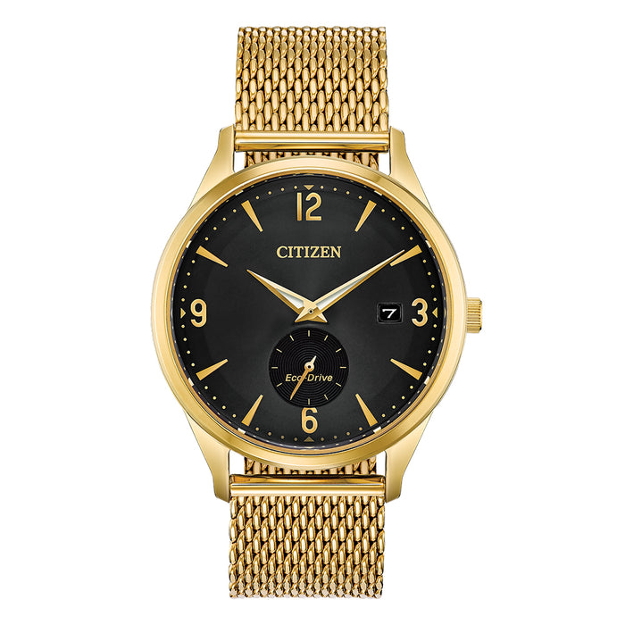Citizen Eco-Drive Mens Gold-Tone Mesh Stainless Steel Band Black Dial Watch - BV1112-56E