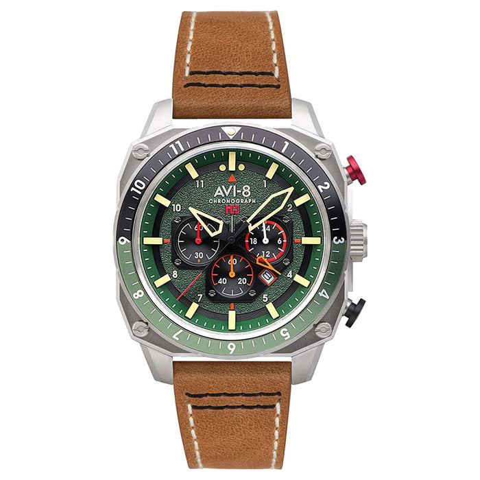 AVI-8 Men's Green Dial Brown Leather Band Hawker Hunter Atlas Chronograph Forest Quartz Watch - AV-4100-01