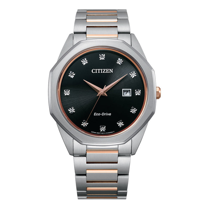 Citizen Eco Drive Corso Diamond Men's Multicolor Two-Tone Stainless Steel Strap Black Quartz Dial Watch - BM7496-56G