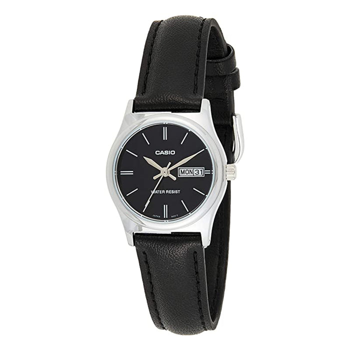 Casio Womens Black Dial Leather Band Day Date Analog Dress Watch - LTP-V006L-1B2UDF