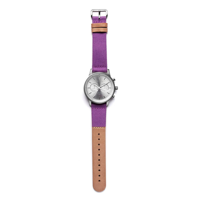 Triwa Unisex Stirlit Nevil Chrono Stainless Steel Case Purple Canvas Strap Silver Dial Silver Watch - NEST109