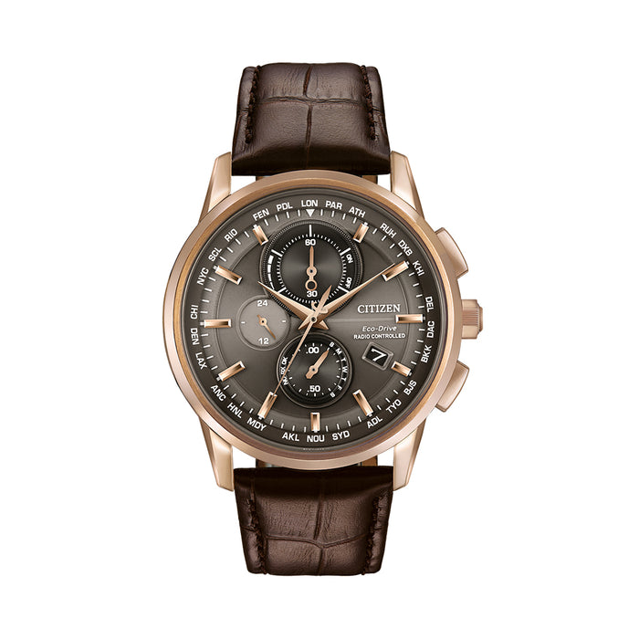 Citizen Eco-Drive Mens World Chronograph Stainless Steel Case Leather Strap Grey Dial Rose Gold Watch - AT8113-04H