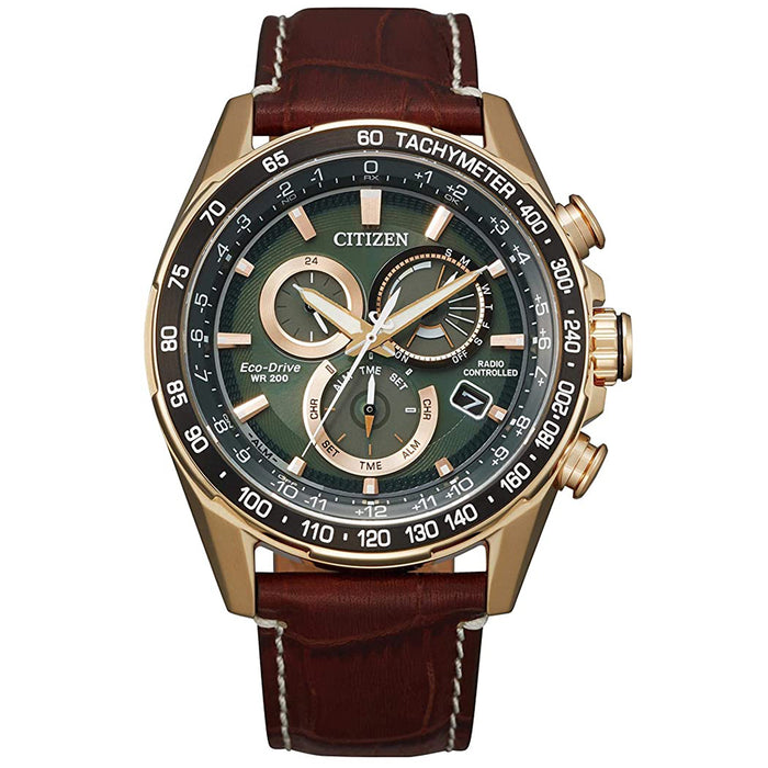 Citizen Mens Eco-Drive Brown Leather Strap Green Dial Chronograph Watch - CB5919-00X