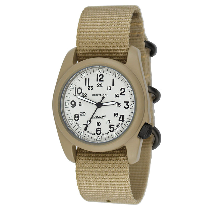 Bertucci Mens A-2CT CERA-TI Defender Khaki Nylon Band Rhino Gray Dial Analog Swiss Quartz Wrist Watch - 12136