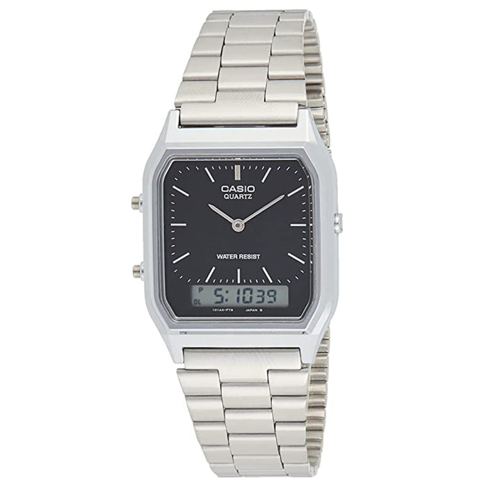 Casio Men's Black Dial Silver Stainless Steel Band Quartz Watch - AQ-230A-1DMQ